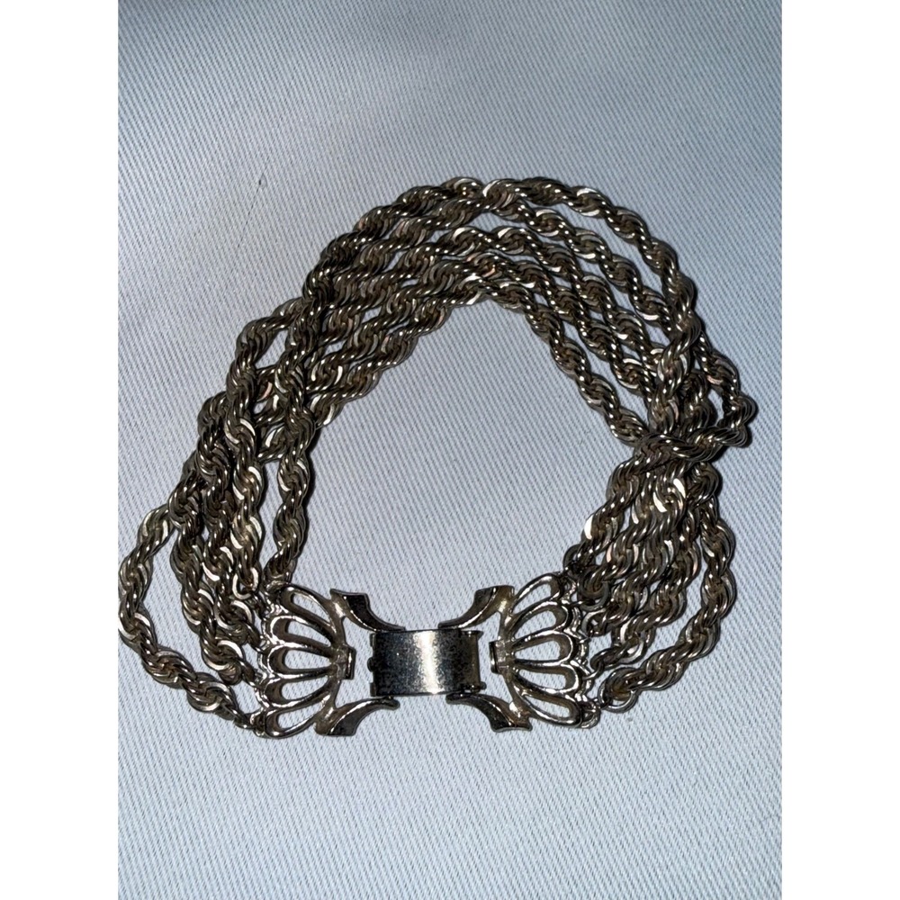 Vintage Silver Tone Multi Strand Rope Chain Bracelet Butterfly Clasp Layered